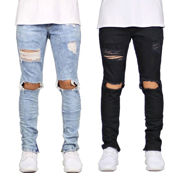 

2020 stylish men's ripped skinny jeans destroyed frayed slim fit denim pants trousers male pencil pant black blue cool style