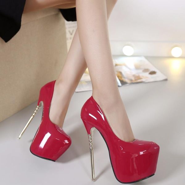 

women concise super high thin heels 16cm platforms 7cm shoes round toe pumps wedding party leather shoes zapatos, Black