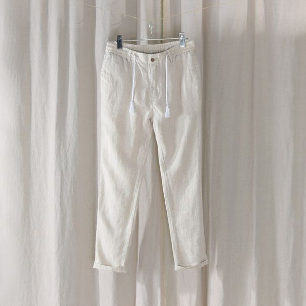 

new linen solid color casual pants white beach line pants 0808, Black