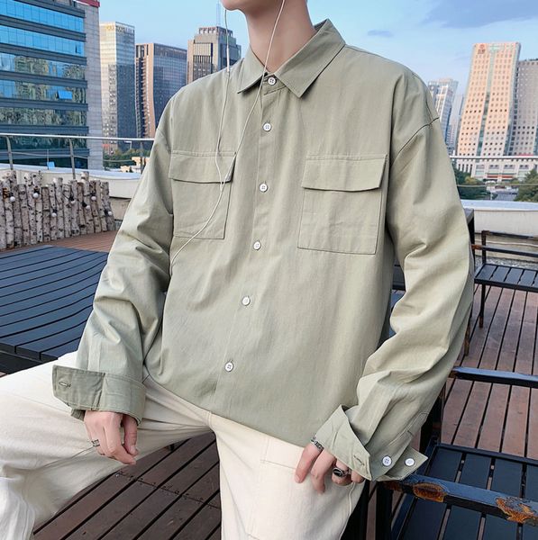 

2020 spring and autumn new youth popular men's loose large size solid color cotton long-sleeved shirt fashion casual top, White;black