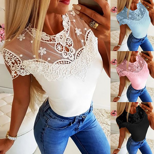

summer blouse women fashion solid color lace short sleeve shirt loose ladies chemisier femme blusas mujer de moda, White