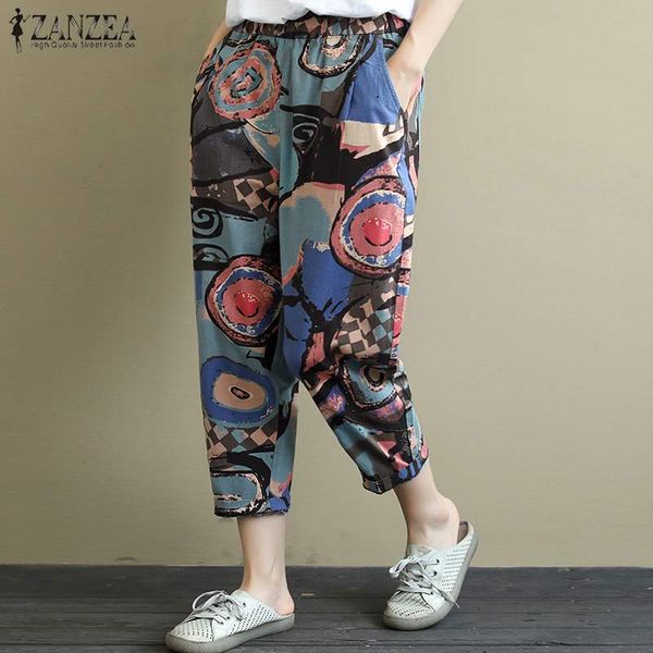 

women's pants & capris women harem zanzea vintage printed trousers casual elastic waist cotton linen turnip loose pantalon plus size, Black;white