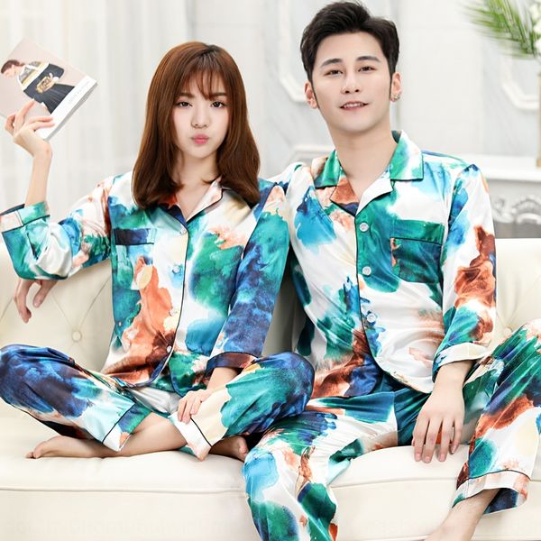 

tie-dyed couple female autumn ice silk fashion cute home clothes men's long sleeve suit enlarged size pajamas pajamas, Blue;red