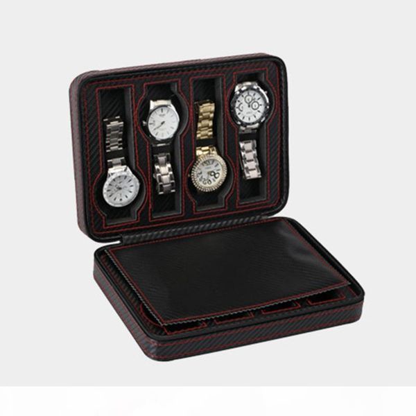 

8 slot portable black carbon fiber pu leather watch zipper storage bag travel jewlery watch box bag personalized luxury gift, Black;blue