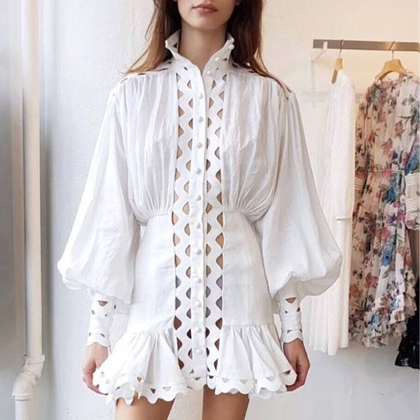 

casual dresses retro lantern sleeve dress holiday wind cutaway collar hollow embroidery flounce waist applique fish tail, Black;gray