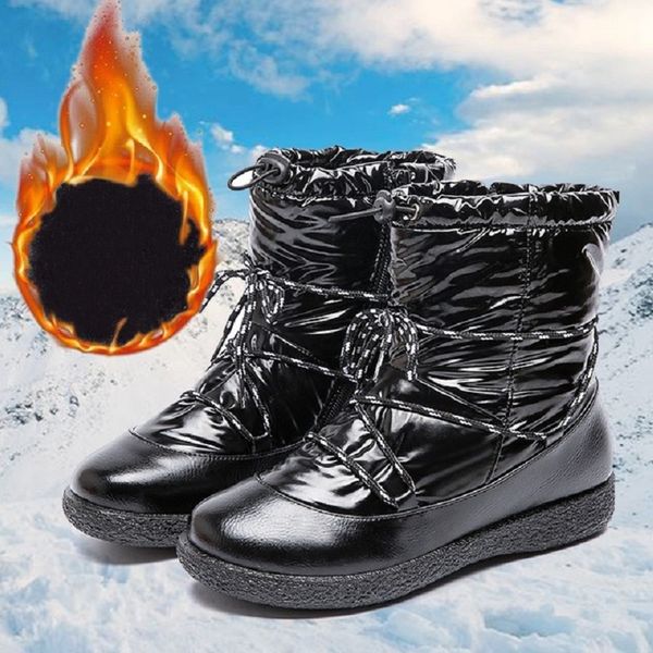

winter snow boots women shoes tie thick bottom warm cotton shoes waterproof short boots pregnant women outdoor flat, Black