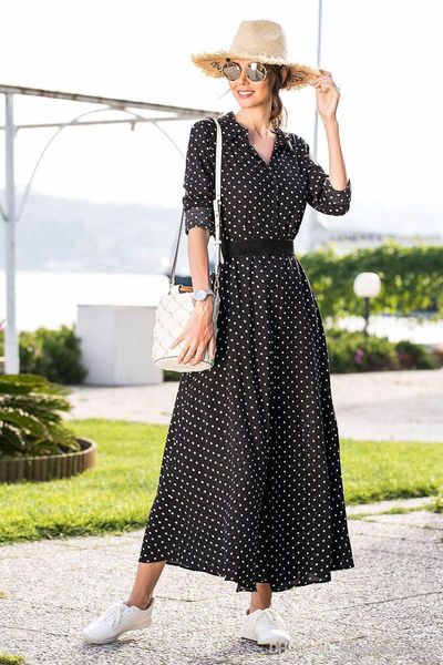 

women shirt dress summer split stand collar long sleeve elegant button lady polka dot print skirt casual bodycon waist dresses size s-xl d2, Black;gray