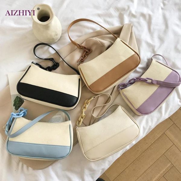 

casual pu women underarm shoulder bag hit color small canvas splicing handbag popular simple female daily bag