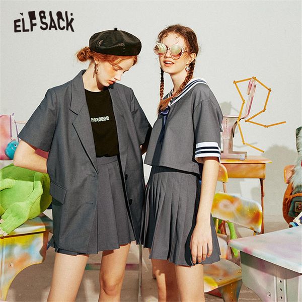 

elfsack gray colorblock casual women sailor matching sets 2020 summer elf feminism korean ladies jk uniform two piece suits, White