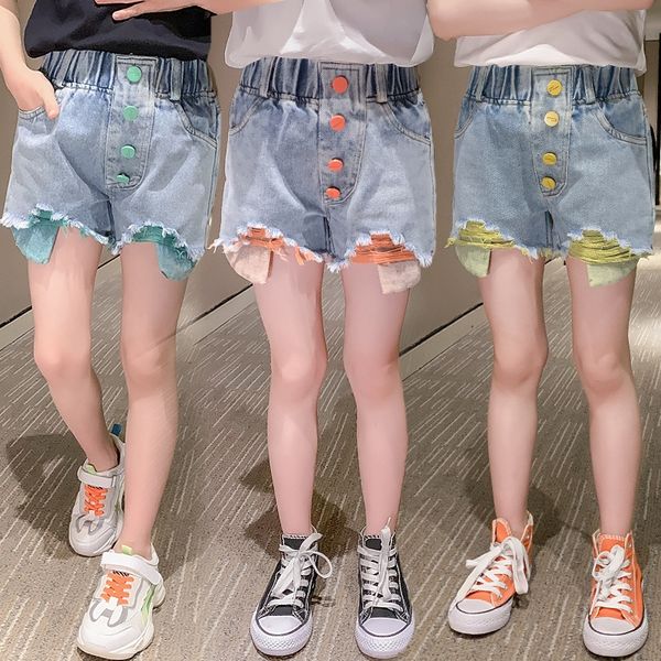 

pb5ty girlssummer denim ripped 2020 new children's medium and large children's girls western color shorts and shortsbuckle denim s, Blue