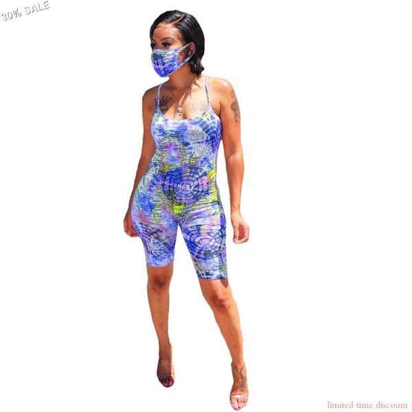

women's jumpsuits & rompers - 30% sale tie dye mask shorts jumpsuit backless sleeveless spaghetti strap bodysuit beach +mask, Black;white