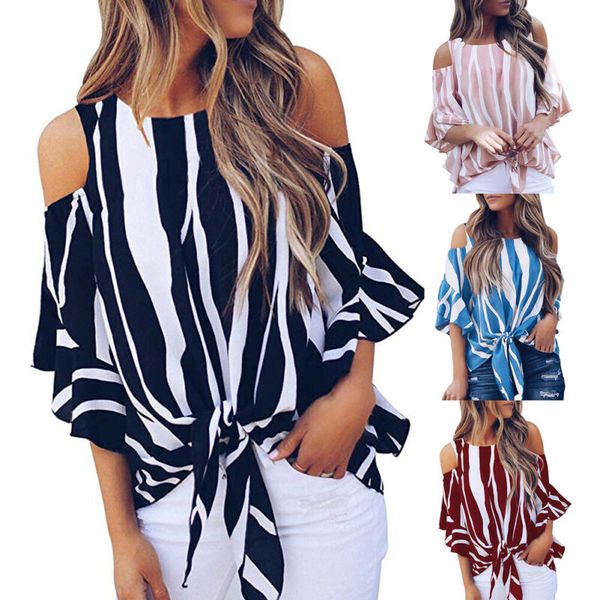

2020 women cold off shoulder stripe short sleeve o-neck summer casual blouse, White