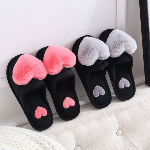 

fznyl women shoes house cotton plush warm slippers fuzzy fur slippers non-slip heart shape design female furffy, Black