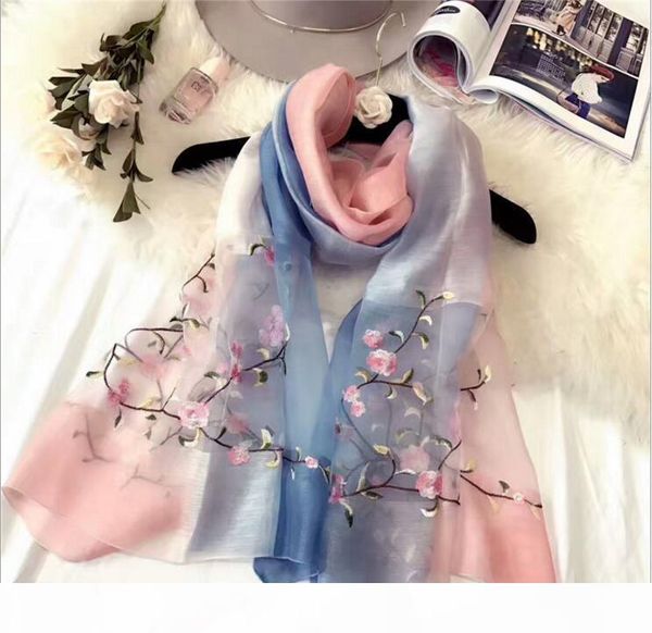

2017 autumn and winter new silk woollen scarf female mulberry silk embroidery embroidery embroidered with a long shawl, Blue;gray