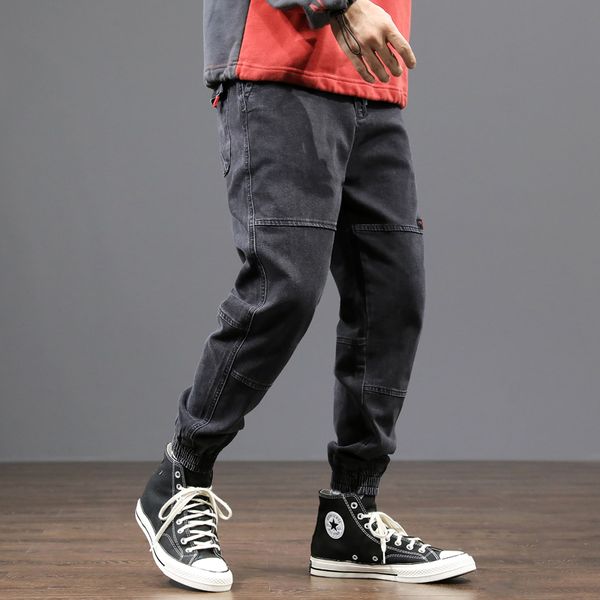 

japanese vintage fashion men jeans loose fit spliced designer denim cargo pants joggers streetwear hip hop jeans men harem pants, Blue
