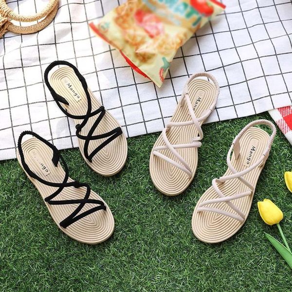 

2020 sandals women summer sandals gladiators beach flat casual ladies sandalias rhinestone solid color comfortable shoes, Black
