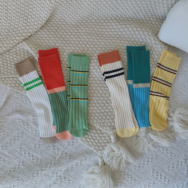

socks children baby girls cotton knee high strip candy color kids toddler double needle short for 2-12years, Pink;yellow