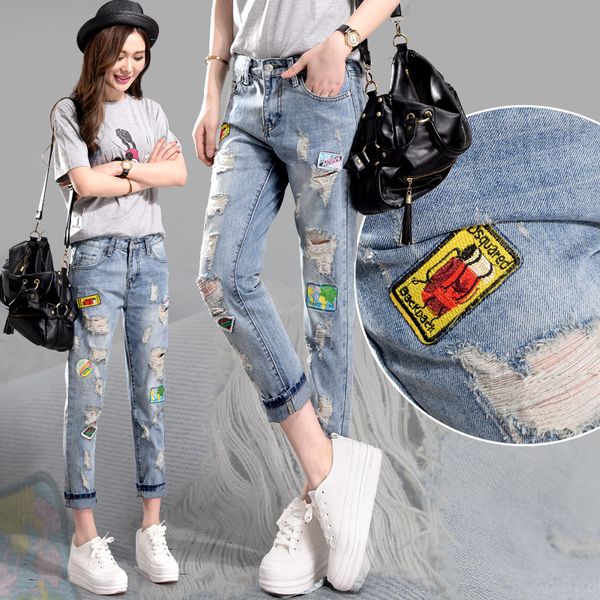 

spring summer women hole jeans fashion loose chic embroidered patch casual ripped jeans female hallen nine-point denim pants 458, Blue