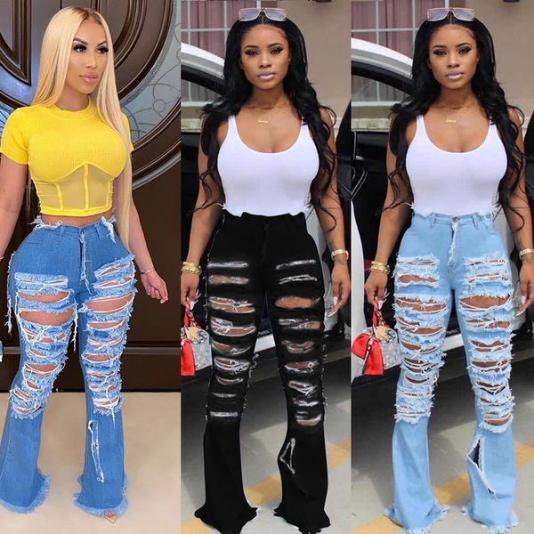 

women's jeans high waist flared pants ladies fringed slim denim women casual wide leg ripped, Blue