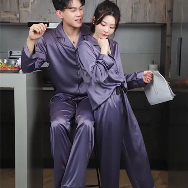 

5g1l3 noble purple satin two-piece suit for men and clothes home furnishing clothing women simple lapel shirt home clothes spring and autumn, Blue;red