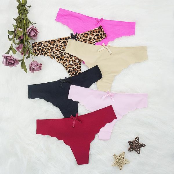 

3pcs/lots women's seamless panties g string female underwear ice silk leopard print thong intimate super thin underpants, Black;pink