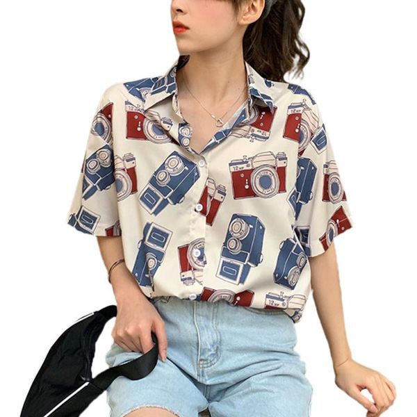 

women short sleeve shirt ladies fashion camera pattern print summer casual lapel, White;red