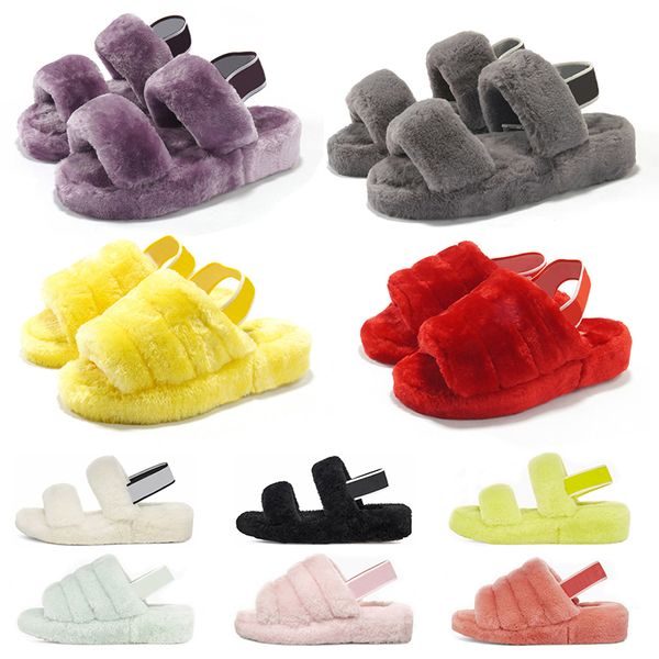 

2020 women furry slippers fluff yeah slides sandal australia fuzzy soft ladies womens flip flop fur fluffy sandals mens winter slipper, Black