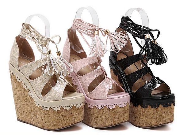 

size 34 to 40 lena vivi beige lace up cross strap platform wedge heel sandals super high 16cm pink black 2017 cs09