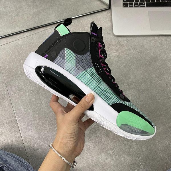 

новый jumpman 34s баскетбол обувь jumpman 34s черный зеленый top leather real carbon fiber designer mens спортивные тренеры с box7-12