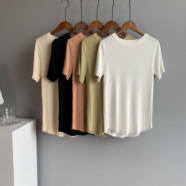 

eodfm orange zhi 2020 summer slim women's clothing thin solid color round neck short sleeve knitted shirt slimming temperament simple b, White;black