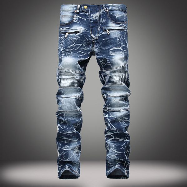 

jeans men zipper blue ruffled slim trousers jeans men