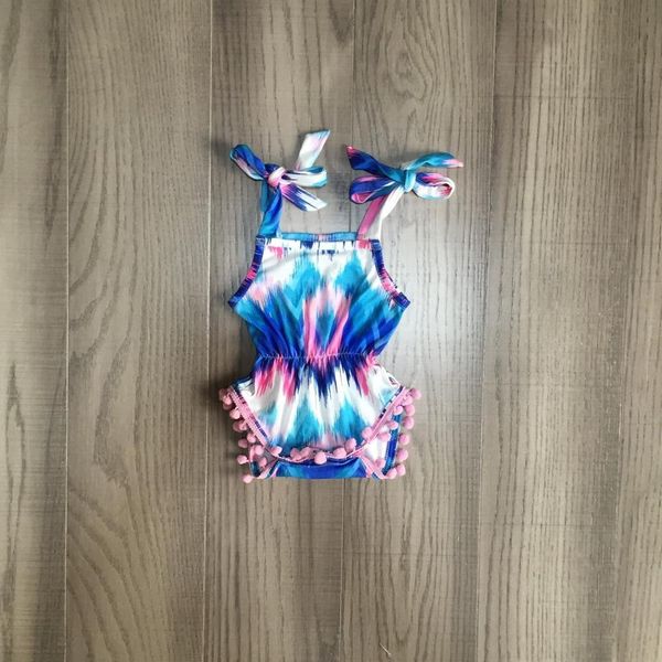 

summer baby girls children clothes kidswear woven tie dyed pom-pom tie romper toddler diaper snaps cotton ruffle, Blue