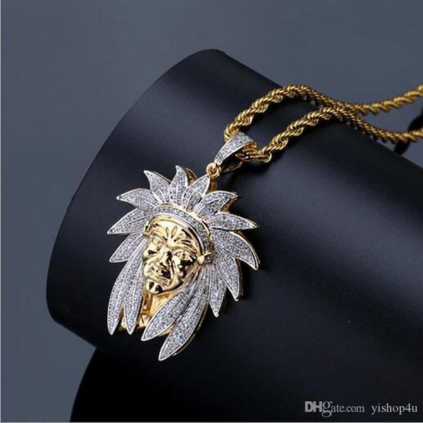 

mens retro style indian chief pendant necklace men micro pave cubic zirconia simulated diamonds with 24inch rope chain gifts box, Silver