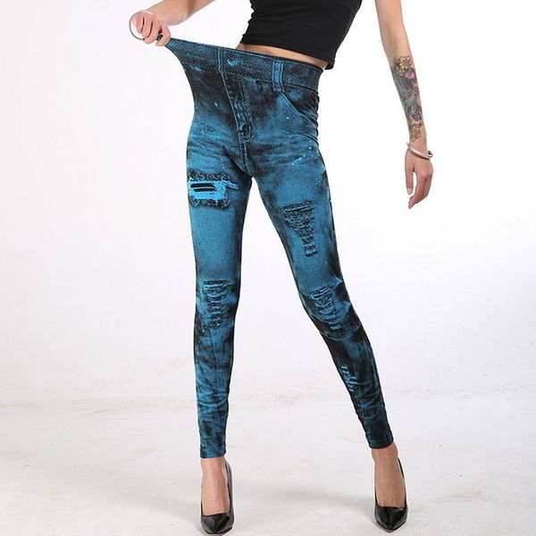 

2020 women gym leggings faux denim jeans leggings pocket ankle length printing leggings casual high waist pencil pants plus pants, Black