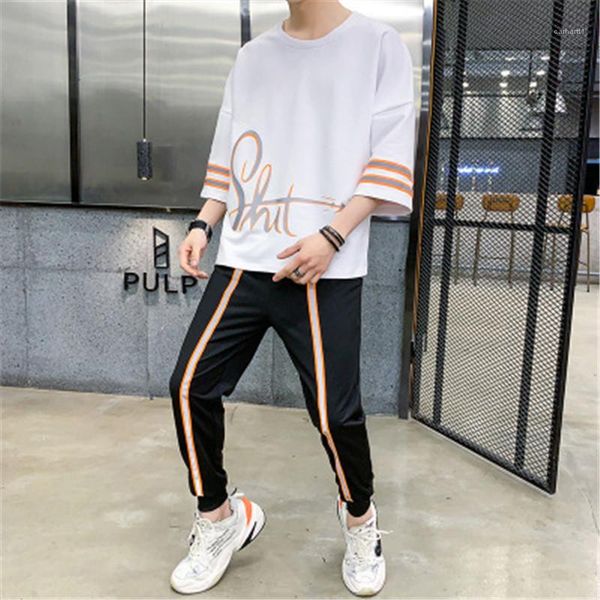

han edition popular logo leisure summer thin pants suit designer men tracksuit korean trend new short sleeve tshirt suit male loose, Gray