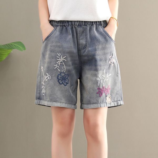 

7tyie высокого шорты и брюки и брюки талии денима шорты женщин летом 2020 новый свободный большой размер отверстия вышитые эластичный пояс е, Blue