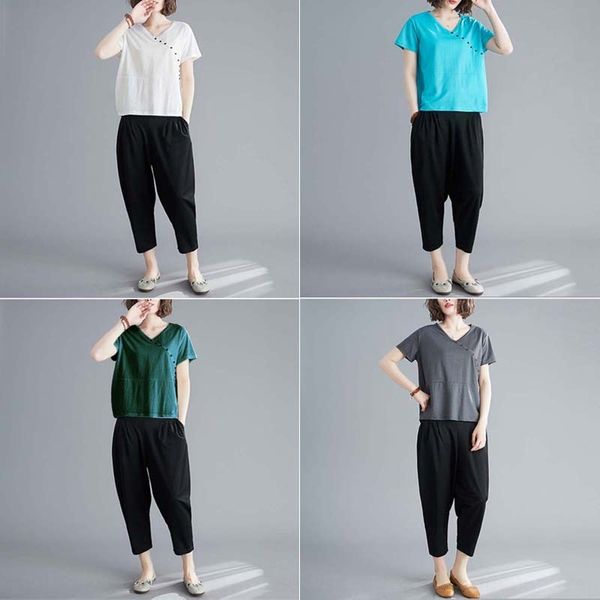 

mpbwt artistic loose solid color cotton and linen art loose new short-sleeved + cropped harem pants suit women's two-piece suit 2020 su, Gray