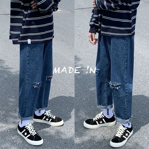

men's jeans 2021 summer hole neutral ankle length pants homme male loose straight solid color blue waterwash trousers x-2xl