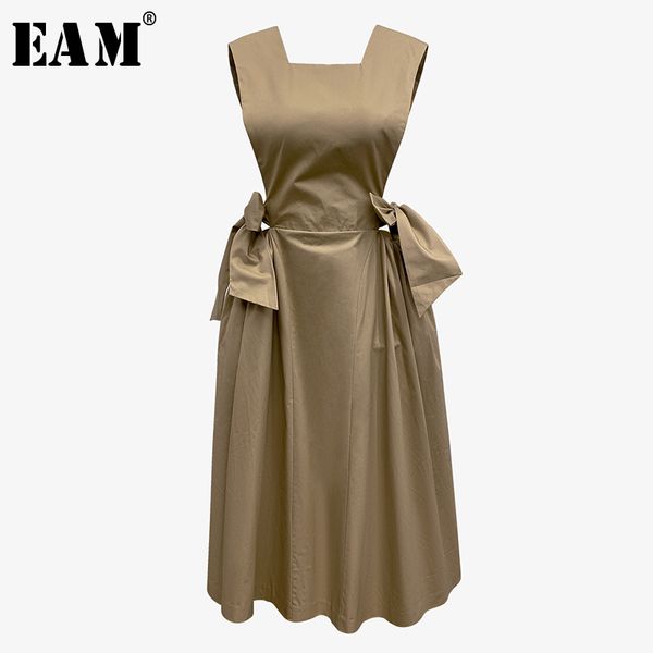 

eam] women khaki bandage bow split joint dress new round neck sleeveless loose fit fashion tide spring summer 2020 1x894, Black;gray