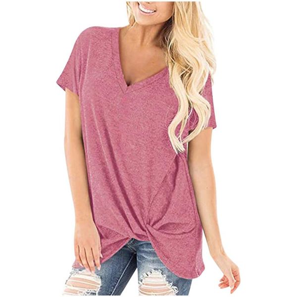 

high fashion tshirt women casual comfy short sleeve v-neck tee t-shirt twist-knot streetwear for women clothing 0709, White