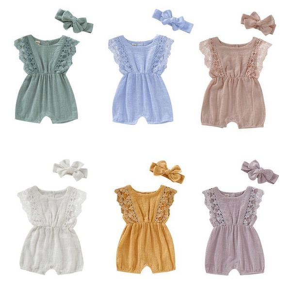 

6 colors summer newborn girls rompers flare sleeve solid print lace design romper with headband new t200721, Blue