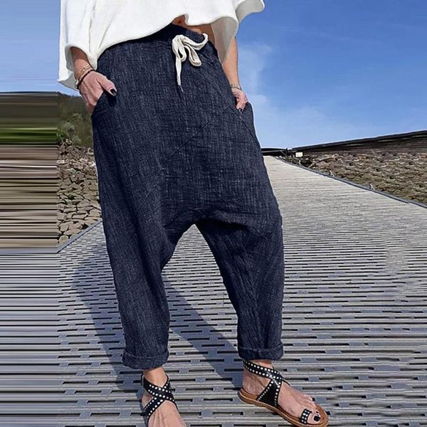 

women's pants & capris 2021 fashion chic casual women plus size pure color pocket wide leg loose long soft cotton linen trousers vestid, Black;white