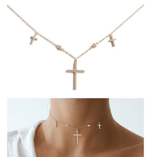 

925 sterling silver dangle cross charm pendant 33+7cm choker chocker micro pave clear cz fine women chain choker cross necklace