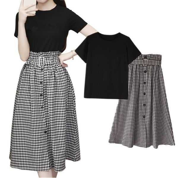 

2020 summer elegant office lady 2 piece set women solid t shirts + plaid long ruffle skirts suit formal party wear plus size 4xl, Gray