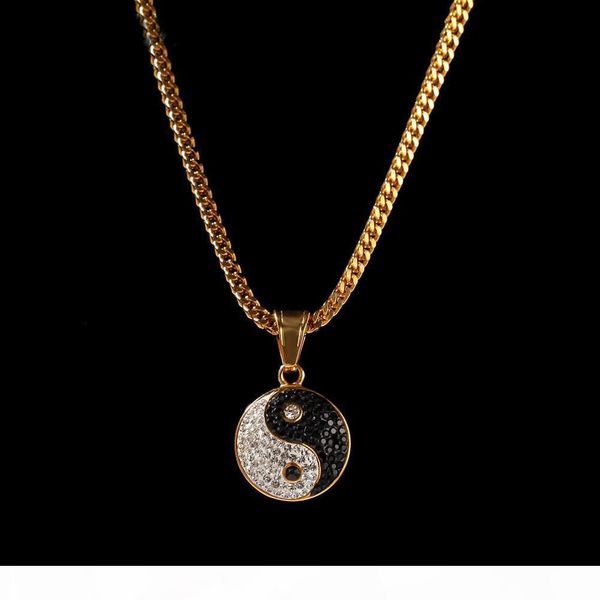 

14k золото iced out rhinestone нержавеющей стали сплошной черный и белый инь ян тай чи ожерелье сплетни подвеска, Silver