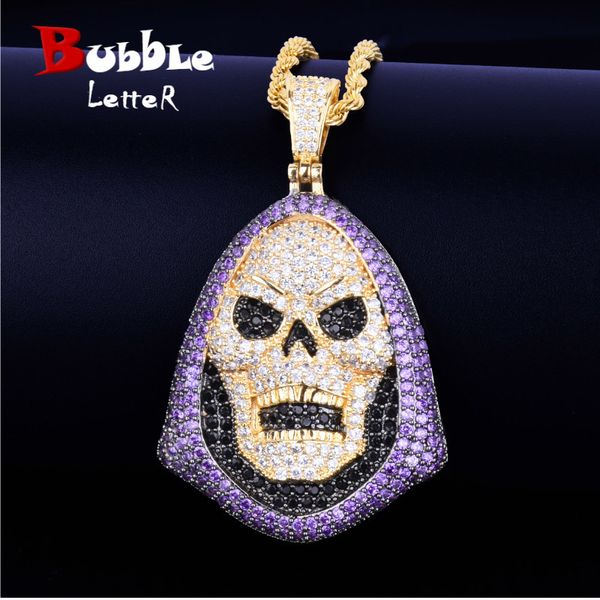 

hoody skull purple stone pendant necklace tennis chain gold color aaa cubic zirconia hip hop rock jewelry cx200721, Silver