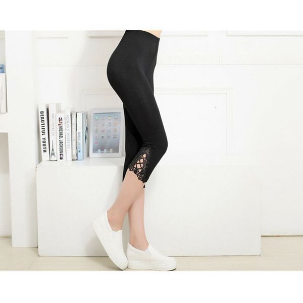 

summer casual women lace patchwork pants stretch soloid color mid calf trousers drop shipping good quality, Black
