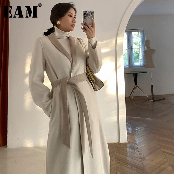 

women's wool & blends [eam] loose fit double side long bandage woolen coat parkas sleeve women fashion tide autumn winter 2021 1x589, Black