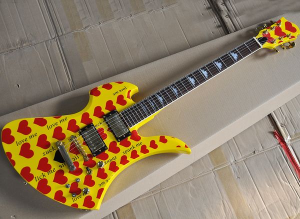 Amarelo Unusuall em forma de guitarra elétrica com coração vermelho, Rosewood Fretboard, pode ser personalizado como pedido