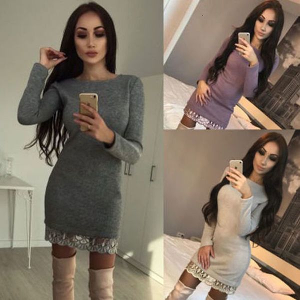 

arrival new women ladies autumn winter solid long sleeve knit bodycon o neck mini lace dress women clothing, Black;gray